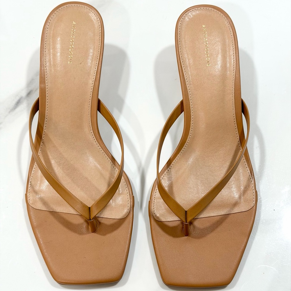 Anthropologie Tan and Camel Leather Square-Toe Slide Sandals